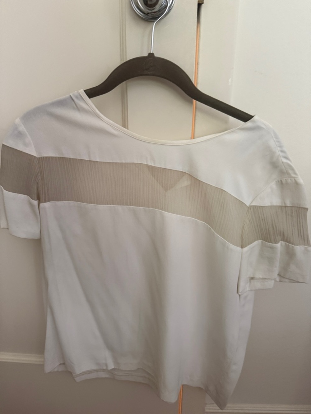 Sandro White and Cream Sheer Yoke Short Sleeve Blouse